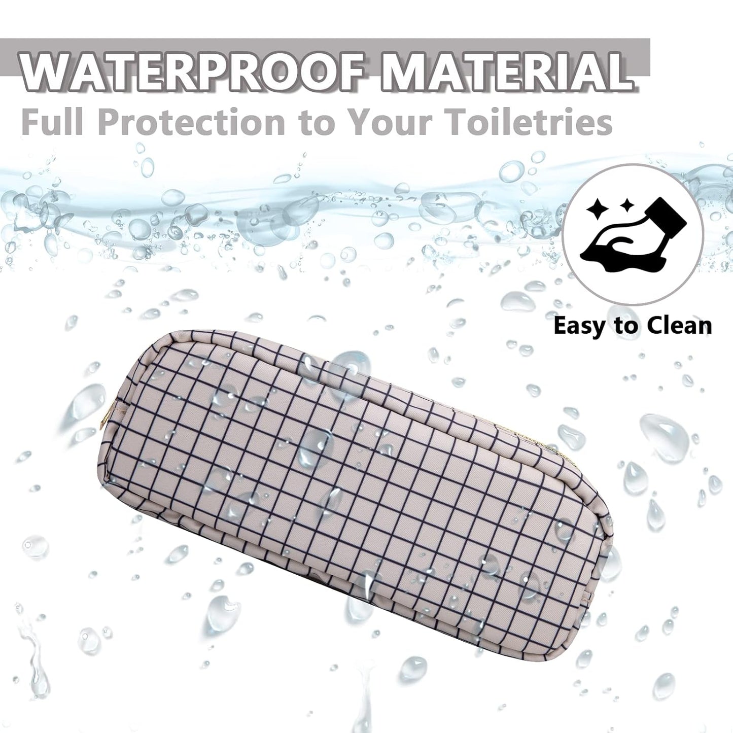Small Pencil Case Makeup Bag for Purse, Cute Pencil Pouch Nylon Preppy Checkered Makeup Brush Bag with Zipper, Girls Portable Stationery Storage Case Small Pen Bag for Office School(Slim-Checkered)