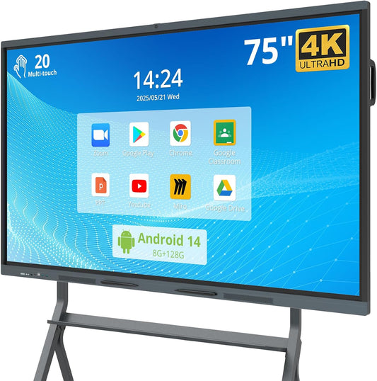 75″ Smart Board, 4K UHD Interactive Whiteboard with Android 14 System and 13MP Camera, All in One Digital Whiteboard for Home, Classroom and Business (Wall Mount Included)