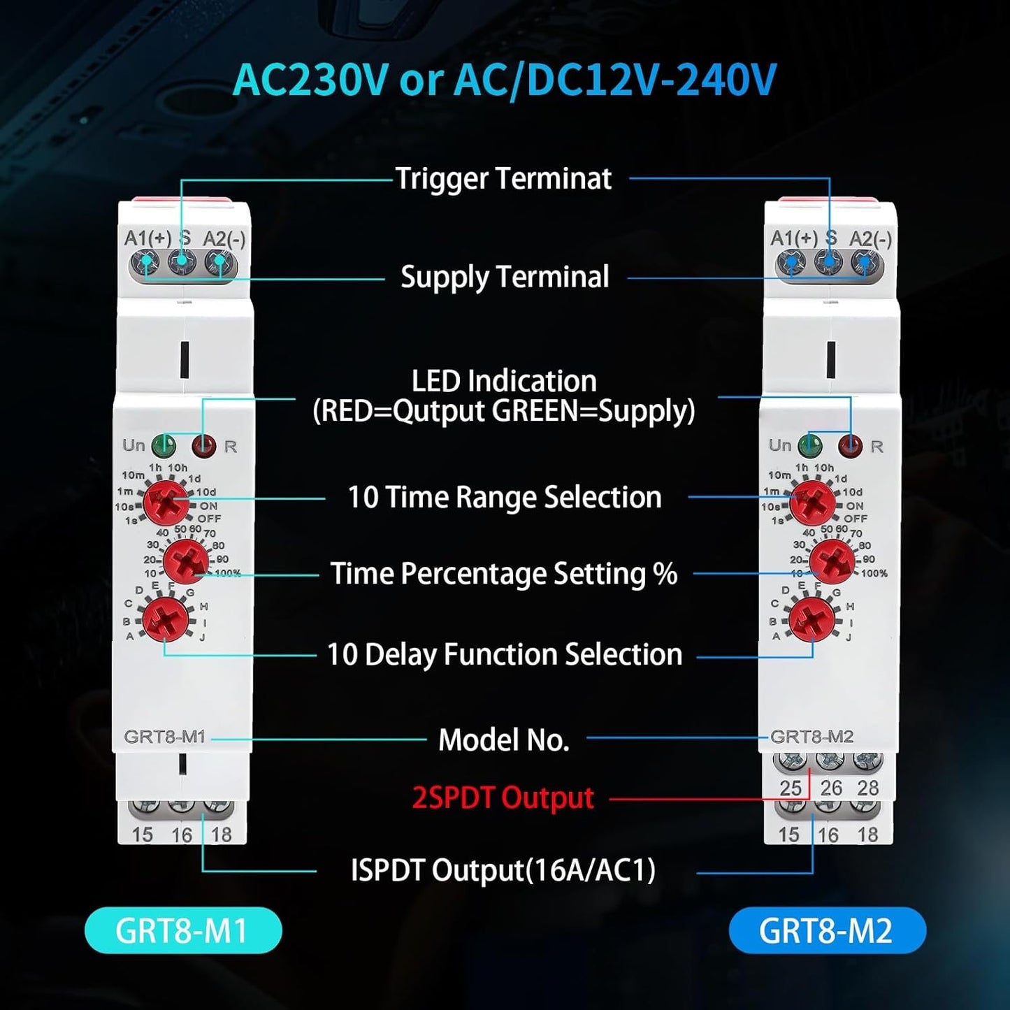 GRT8 M2 Multifunction Time Relay Module 16A 2 Outputs, AC230V Adjustable Delay Timer, 0.1s-10 Days Wide Time Range Delay AC230V Factory Automation Time Relay Universal Voltage DIN Rail