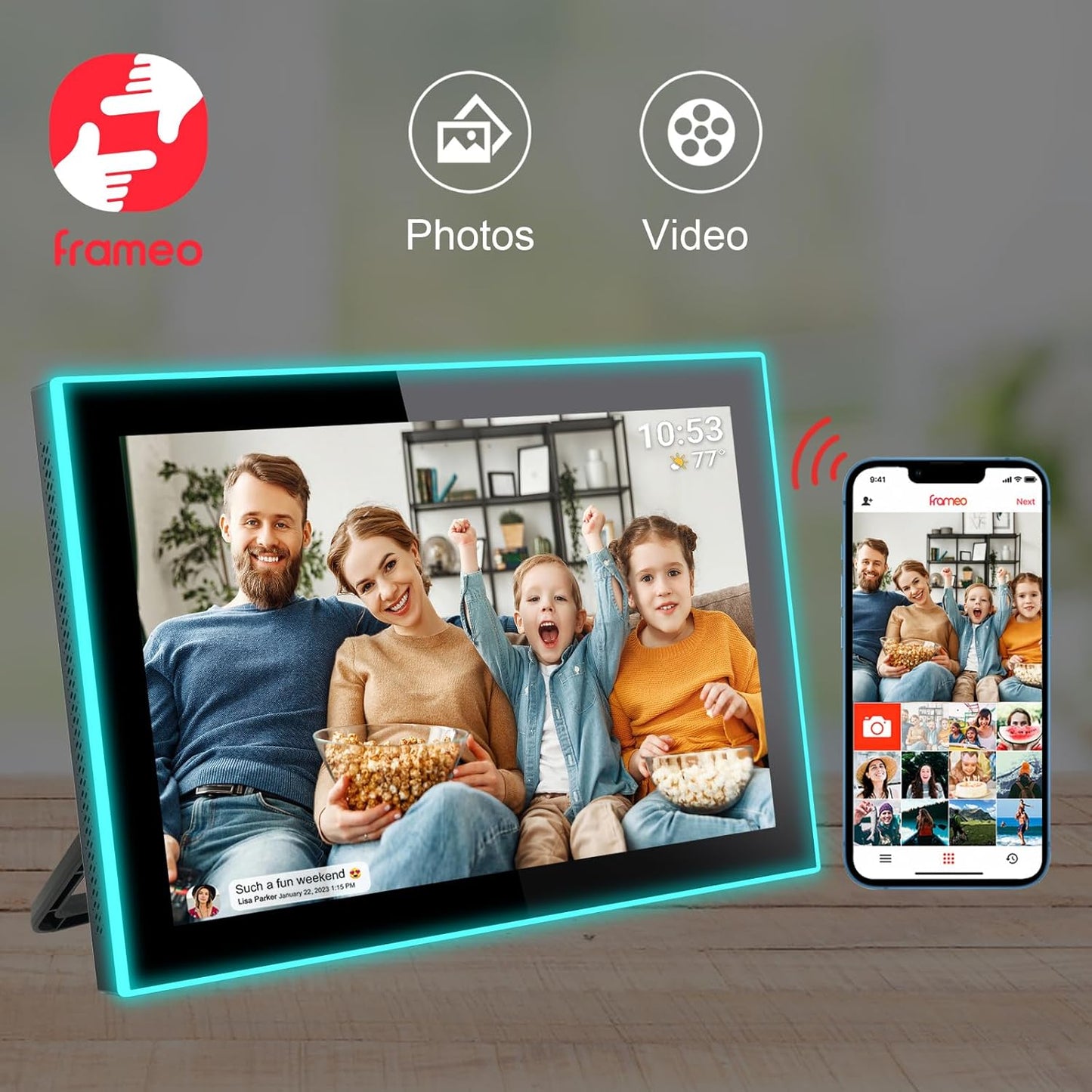 32GB FRAMEO 10.1 Inch WiFi Digital Photo Frame with Neon Light, 1280x800 HD IPS LCD Touch Screen, Auto-Rotate, 32GB Storage, Support USB Drive/SD Card Extend Storage, Share Moments via Frameo App