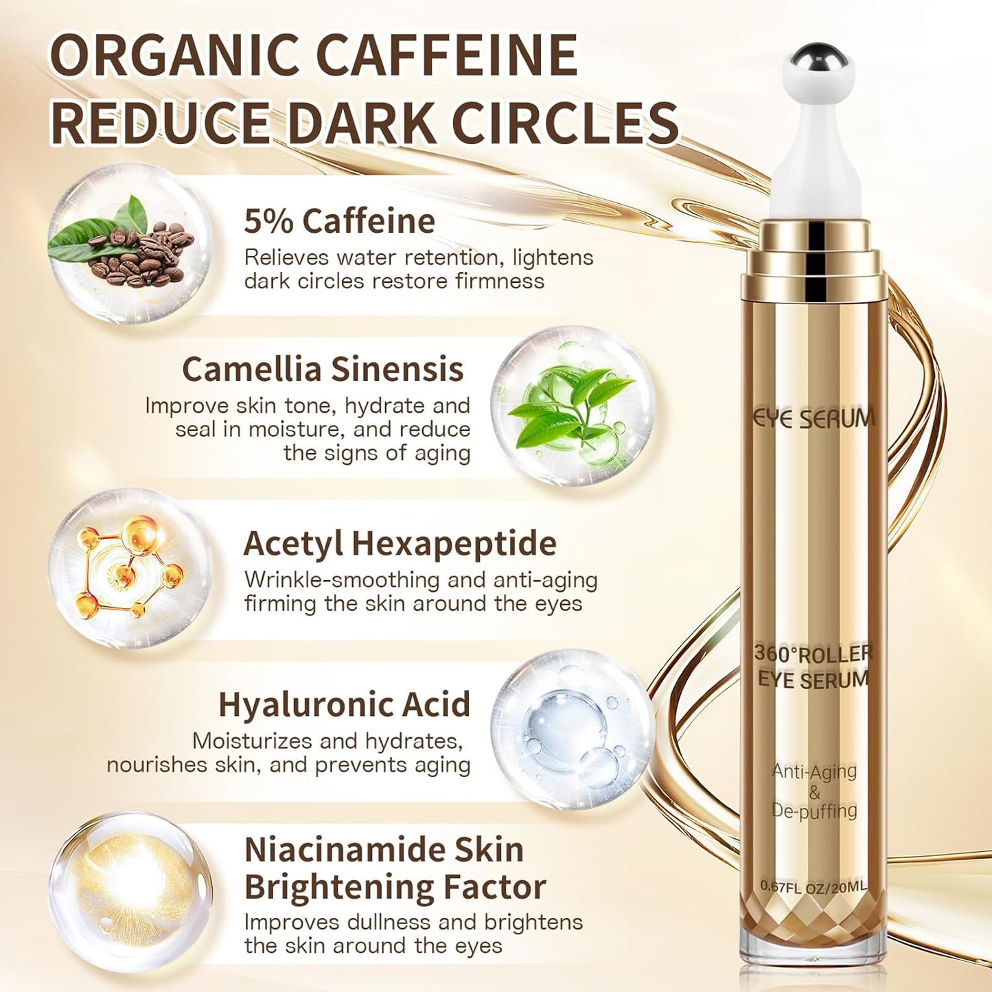 Caffeine Eye Serum, 0.67 Fl. Oz. Under Eye Cream for Dark Circles and Puffiness Eye Care Eye Serum Anti Aging with 360° Massage Ball Reduce Eye Bags, Wrinkles and Fine Lines