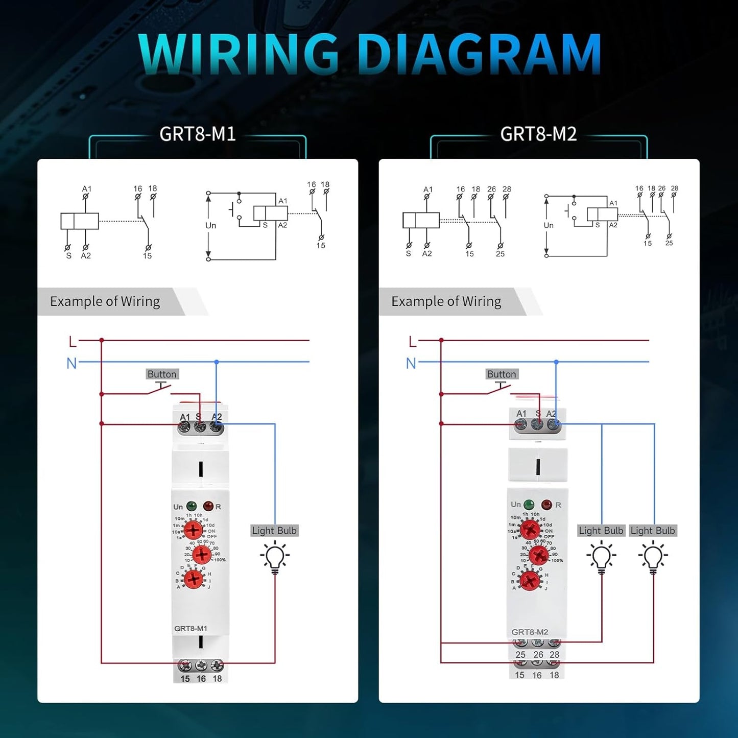 Multifunction Time Relay 2 Outputs 16A Adjustable Smart Relay 12V Electronic Timer in Din Rail,0.1s-10 Days Wide Range Delay On Off Factory Automation Universal Voltage GRT8-M2 AC/DC 12V-240V