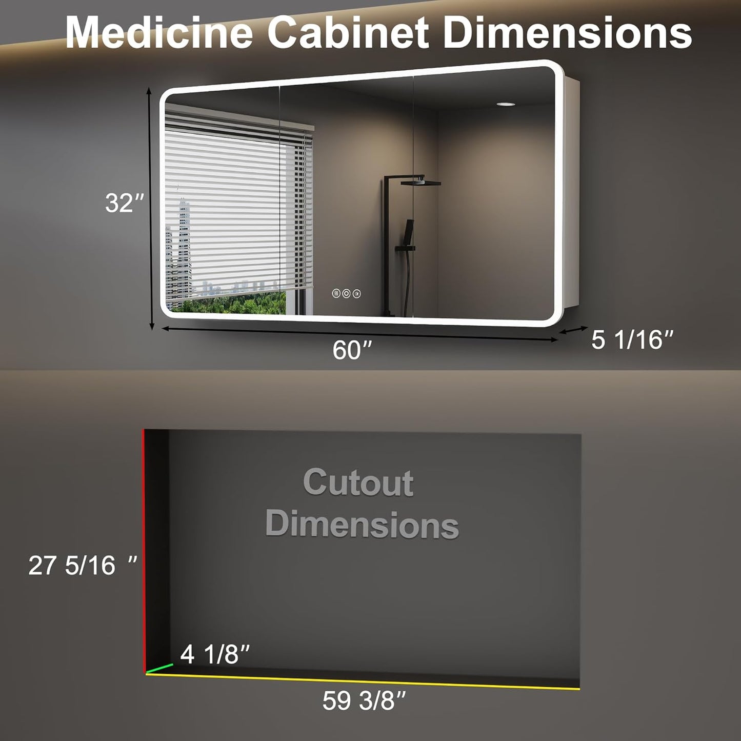 Medicine Cabinet with LED Lights and Mirror, 60 x 32 Inch Surface or Recessed Mounted Bathroom Cabinets with Door, Defogger, Memory Function, 3-Color Mode, Outlet&USB, Dimmer, Storage