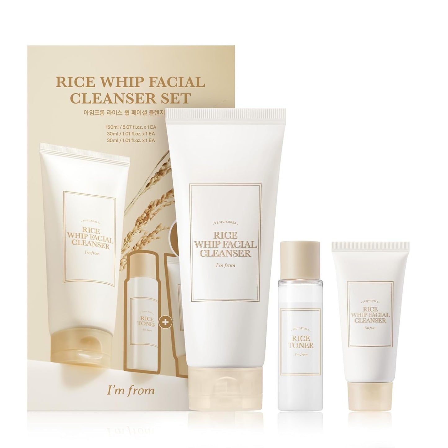 I'm from Rice Whip Facial Cleanser Set, 3 pcs Gift, Travel Kit with Rice Face Wash 5.07 fl oz & 1.01 fl oz & Rice Toner 1.01 fl oz, low-pH Rice Water Face Wash for sensitive, dry skin