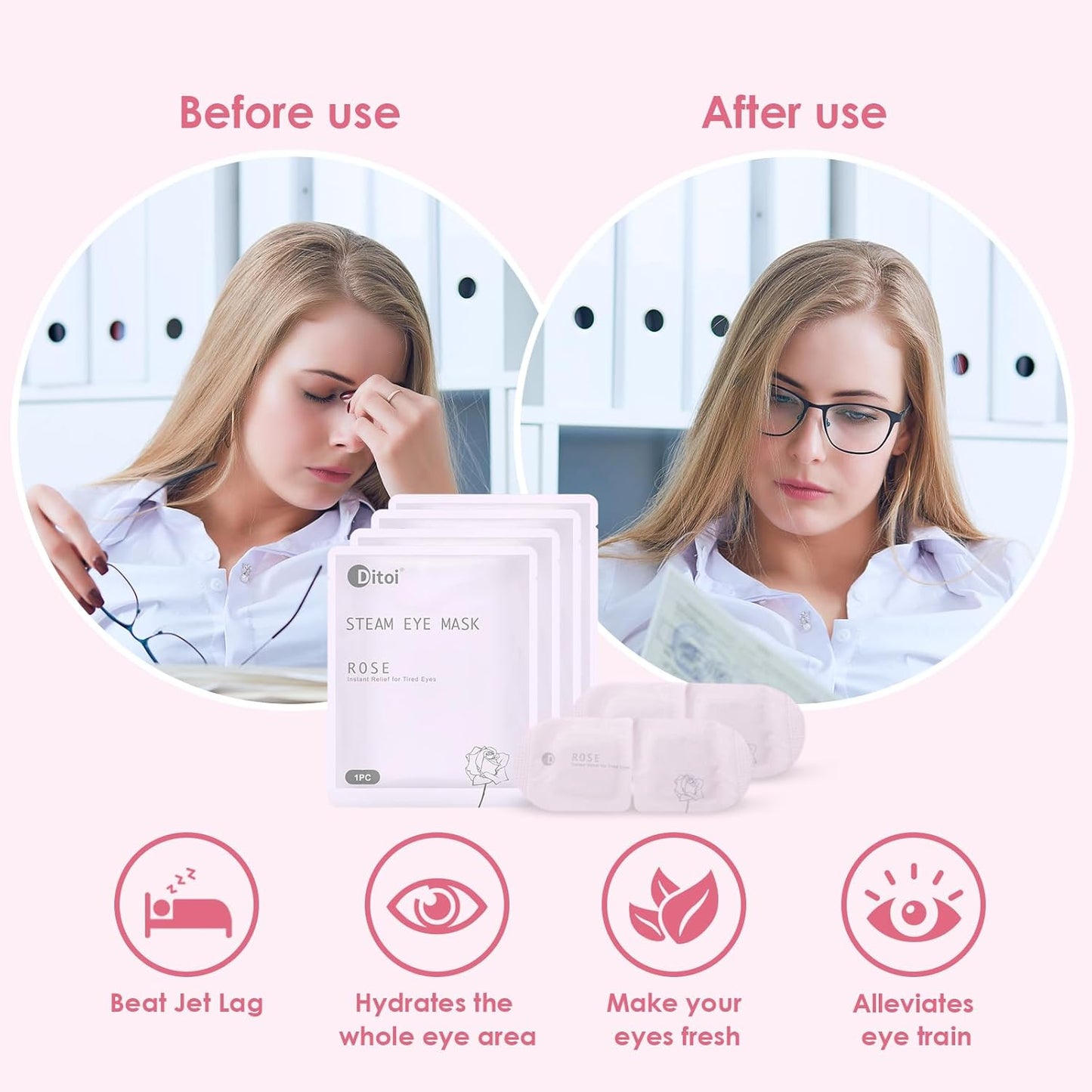 Steam Eye Mask, Rich Hyaluronic Acid Rose Heated Eye Masks, Disposable SPA Sleep Eyes Masks, Relieving Dry Eyes, Dark Circles and Puffiness, 10 Packs