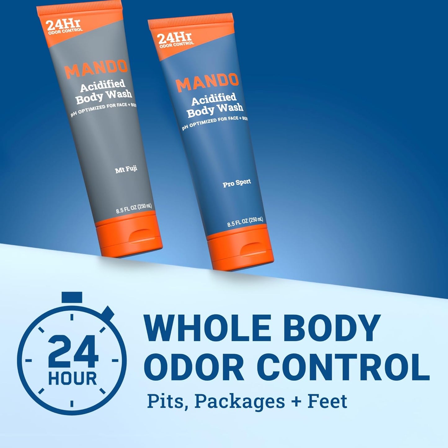 Mando Acidified Body Wash - 24 Hour Odor Control - Removes Odor Better than Soap - Formulated without SLS or Phthalates - Skin Safe - 8.5 Ounce (Pack of 2) - Pro Sport and Mt Fuji