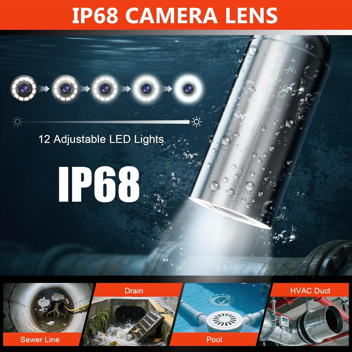 Sewer Camera, Self-Leveling Drain Camera 165 ft with Distance Counter, 9" 1080P HD Plumbing Cameras Snake with 12 LED Lights, IP68 & 32GB DVR, Industrial Endoscope for Duct Sewer Line Pipe Inspection