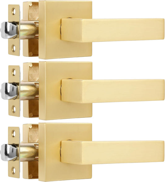 3 Pack Heavy Passage Door Handle Keyless Square Brushed Brass Closet Door Knobs with Modern Contemporary Design for Hallway or Closet