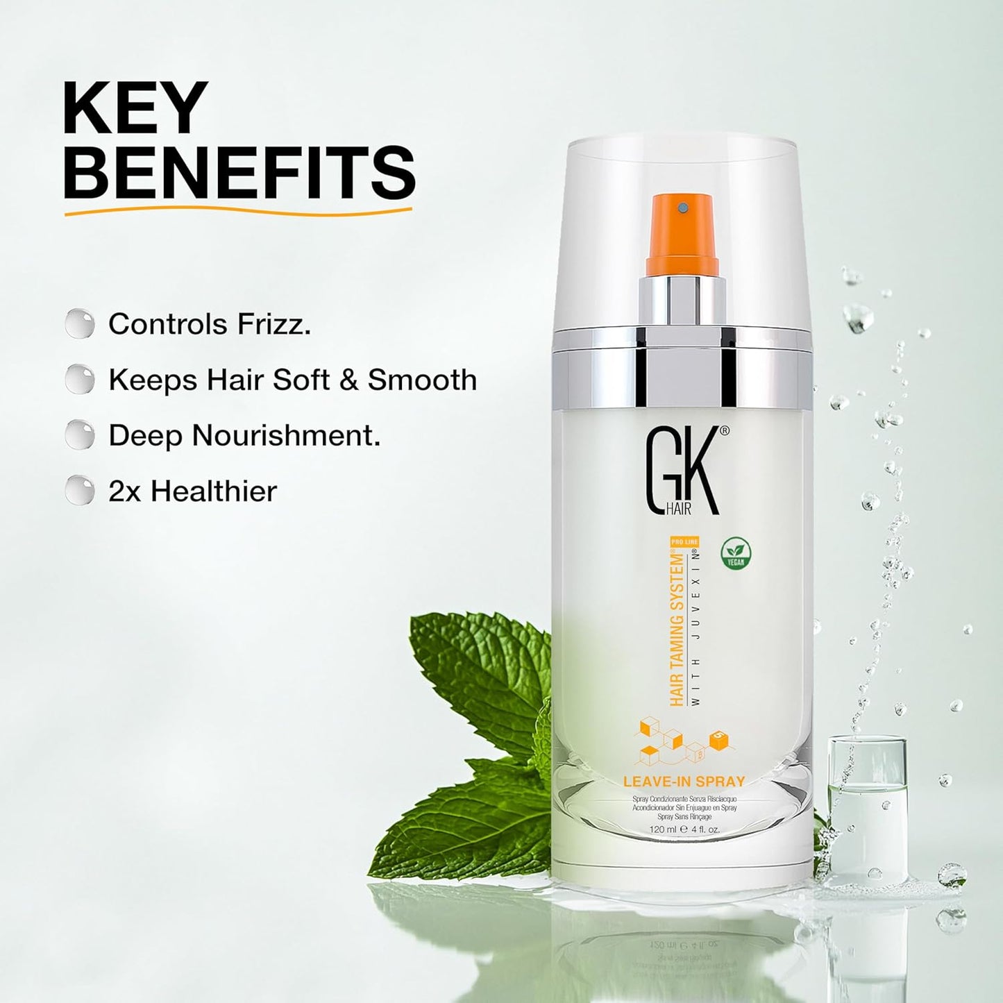GK HAIR Vegan Leave In Conditioner Spray – Lightweight Detangler Spray For Frizz Control & Heat Protectant for All Hair Types, 120ml
