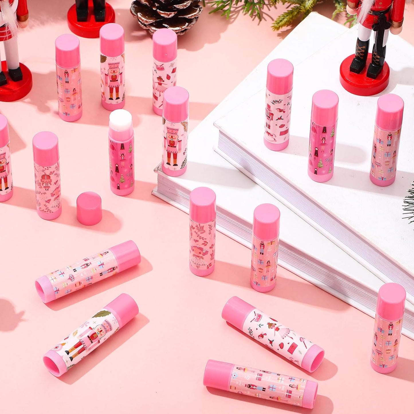 Dunzy 50 Pcs Christmas Lip Balm Gifts Bulk Pink Christmas Nutcracker Themed Lip Balm Xmas Lip Moisturize for Lip Care Xmas Holiday Party Stocking Stuffers, 5 Flavors