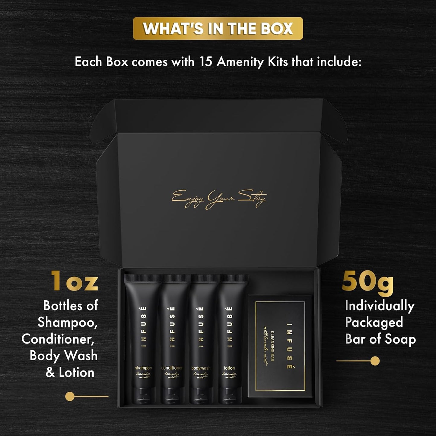 Infuse Black Amenity Kit | Boxed Hotel Toiletries | Bulk Set 1 oz Travel Size Shampoo, Conditioner, Lotion, Body Wash & Cleansing Bar for Guest Hospitality AirBnB/Vacation Rentals | 75 Pieces