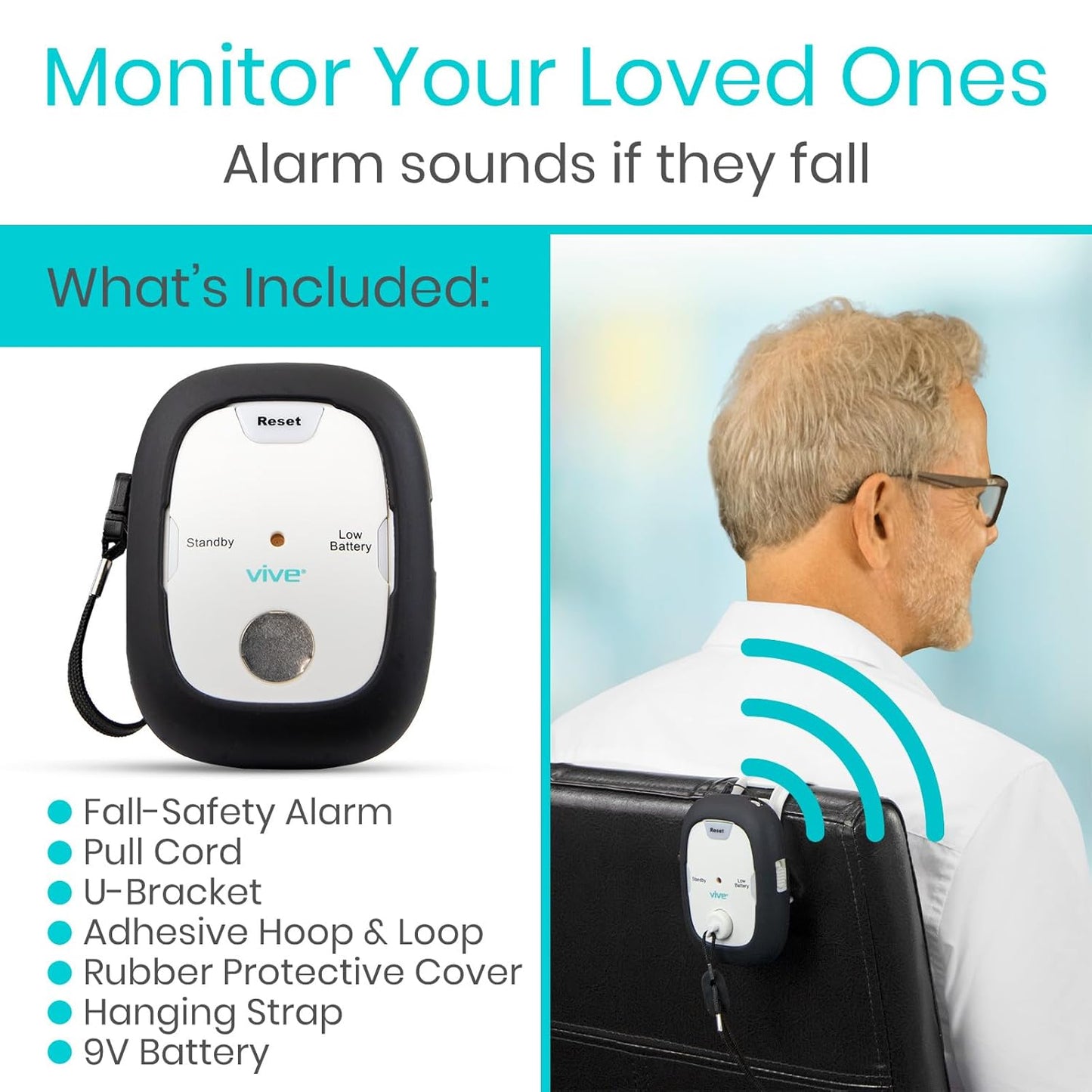 Vive Magnet Pull Cord Chair Alarm for Elderly Adults - Bed Alarm - Fall Prevention for Elderly Dementia Patients - String Exit Alert Detection for Caregivers Monitoring Seniors - Batteries Included