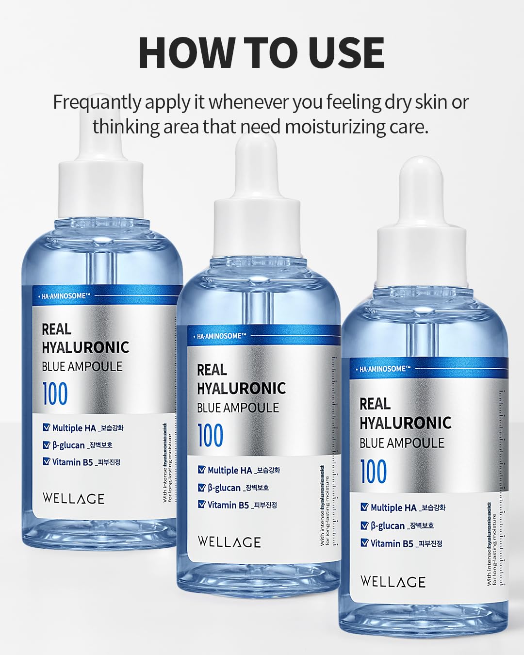 WELLAGE Real Hyaluronic Blue Ampoule 100, Korean Skincare, Fragrance Free Hyaluronic Acid Serum with Panthenol, Wild yam, Centella for Sensitive Dry Skin Moisturizer 1.01 fl.oz