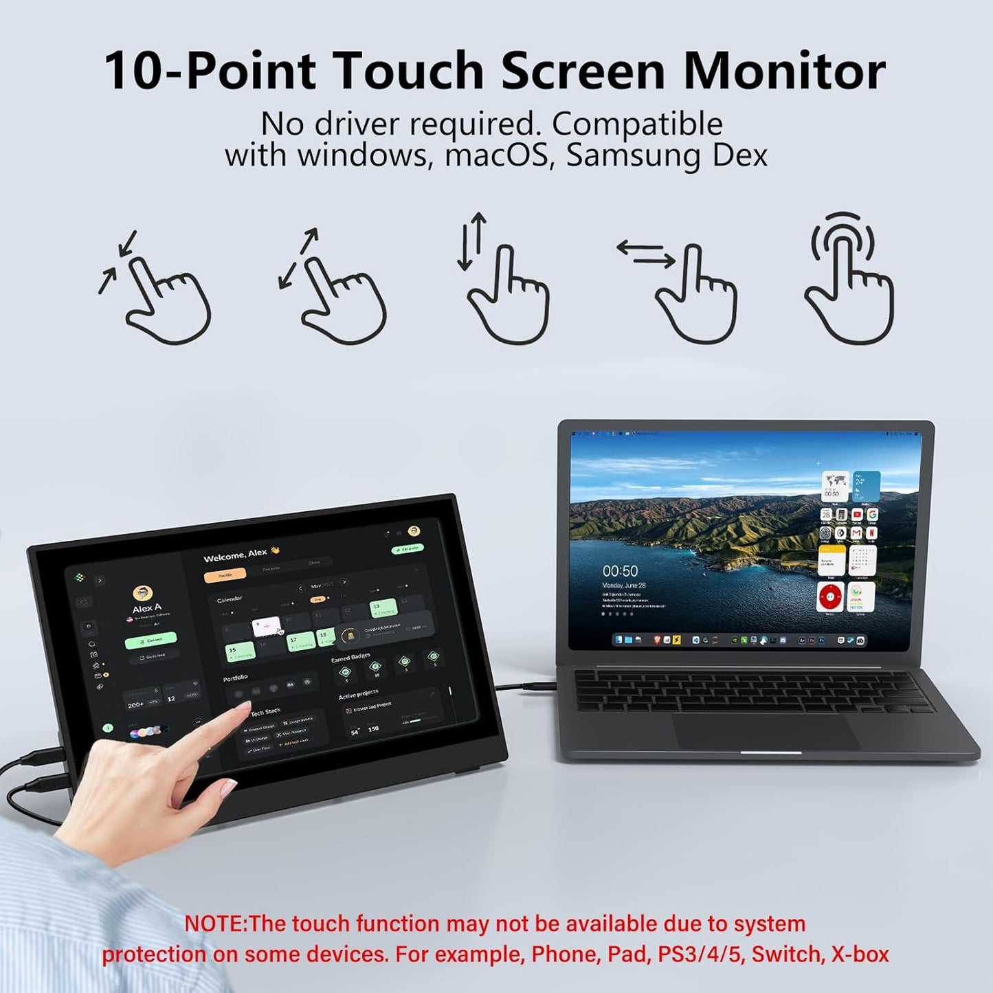 InnoView Portable Monitor Touchscreen 15.6" 1080P 10-Point Touch Screen Monitor Portable with Protective Sleeve Built-in Stand, 1200:1 HDMI USB C Travel Monitors for Laptop, PC, Phone