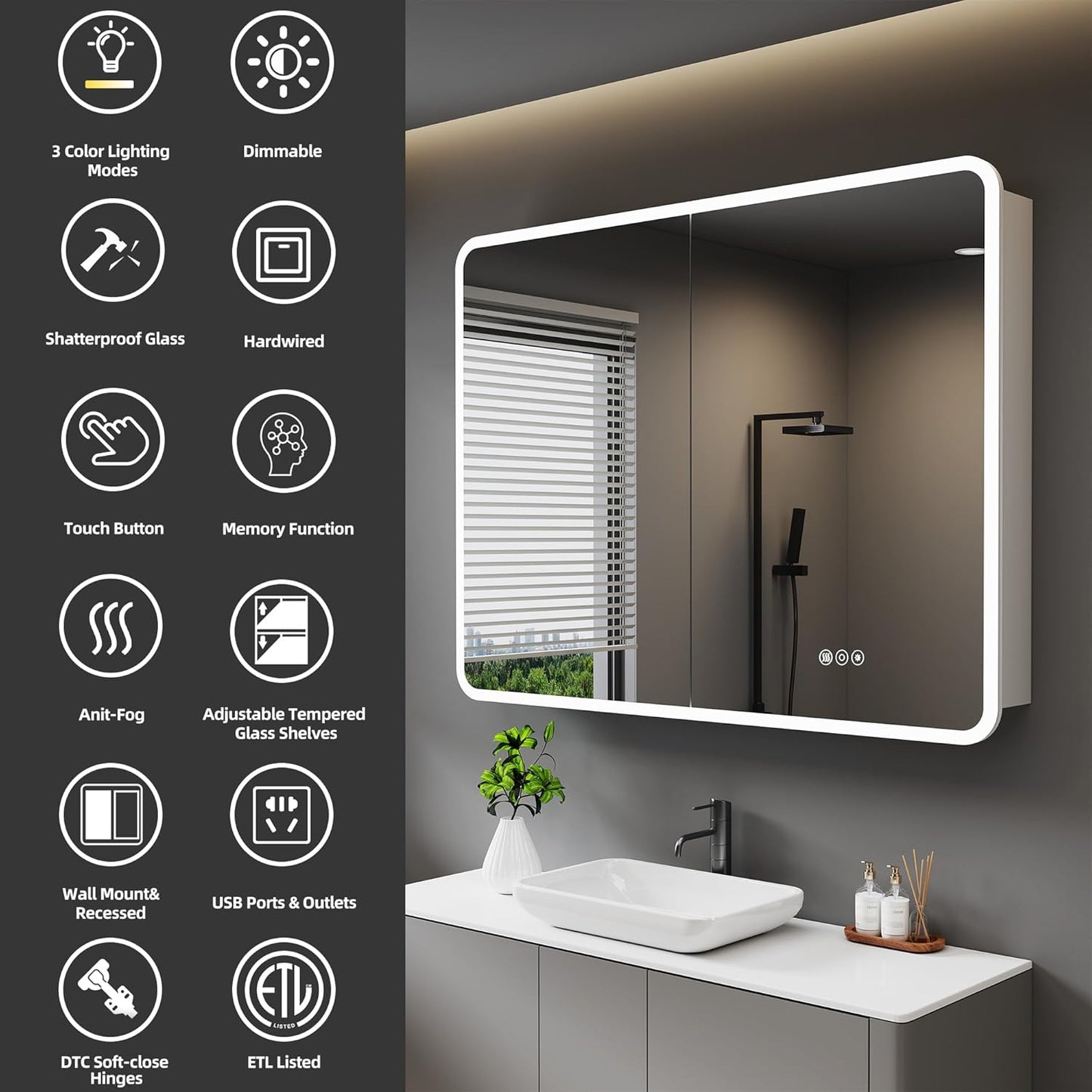 Medicine Cabinet with LED Lights and Mirror, 36 x 32 Inch Surface or Recessed Mounted Bathroom Cabinets with Door, Defogger, Memory Function, 3-Color Mode, Outlet&USB, Dimmer, Storage