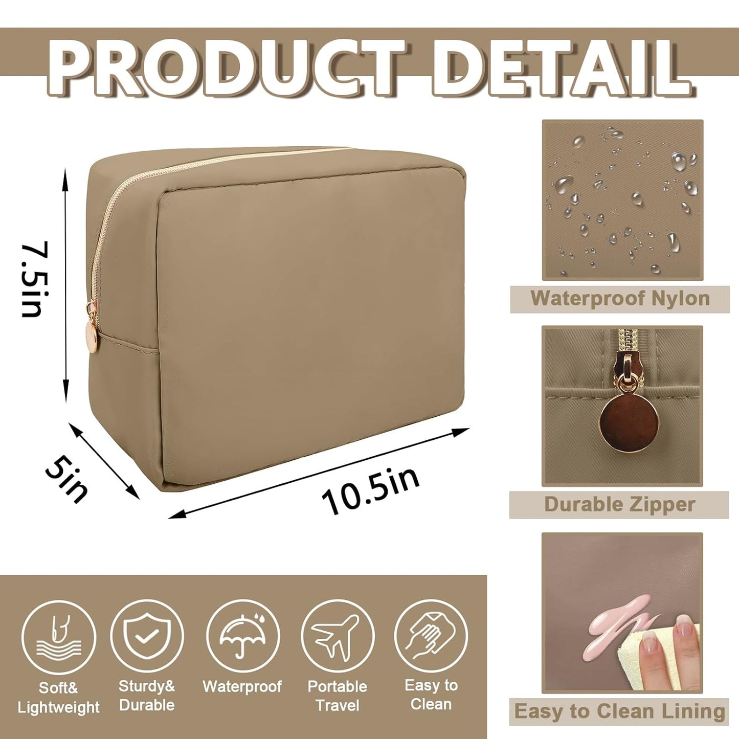 Large Makeup Bag Pouch,Nylon Women Travel Toiletry Storage Bag Preppy Cosmetic Bag for Girls,Big Makeup Organizer Bag Cute Zipper Pouch Skincare Bag for Sport Work Gift(Large-Khaki)