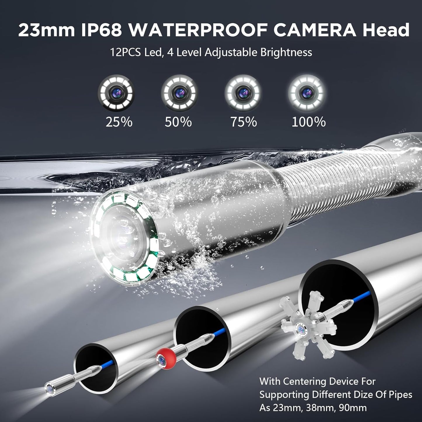 Sewer Camera, Self-Leveling Drain Camera with 7mm Thicker Cable, 200ft/60M Range, 9" 1080P HD Monitor, IP68 Waterproof for Pipe Inspection, DVR Snake Cam with Distance Counter & 32GB Card