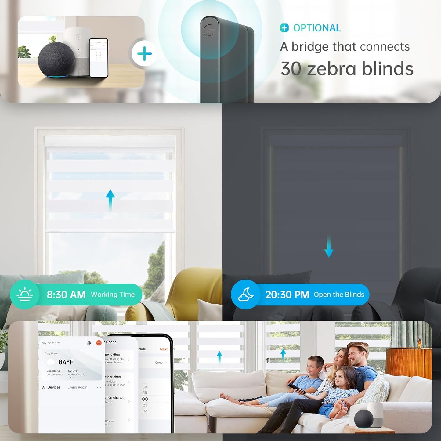 DENFOON Motorized Zebra Blinds, Solar Powered Dual Layer Automatic Shades with Remote Control, Rechargeable Smart Blinds Horizontal Wireless Electric Shades for Windows, Custom Size, White， 33½ x 72