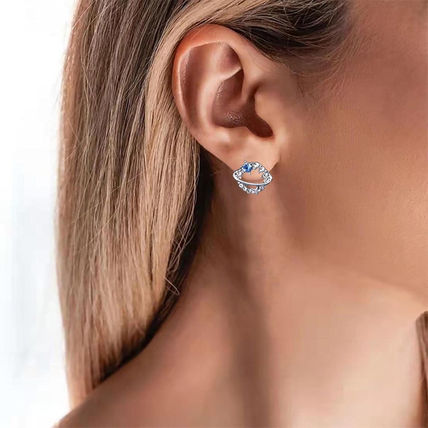 Boho Crystal Saturn Earrings Cz Orb Planet Earrings Silver Rhinestone Circle Earrings Tiny Sapphire Stud Earrings Jewelry for Women and Girls
