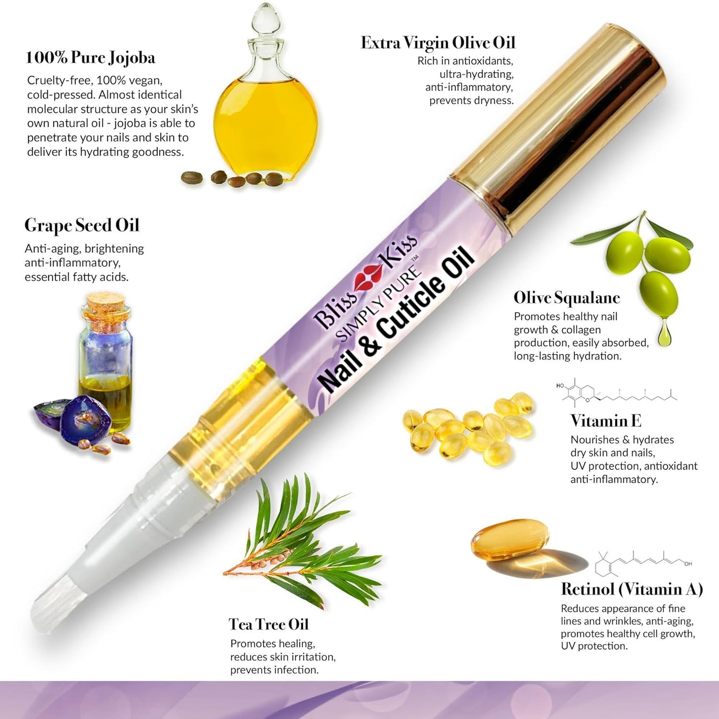 Bliss Kiss | 4 Lavender Vanilla | Oil Cuticle Pen w/Vitamin E & Jojoba⏤Nail Strengthener Nail Growth Serum for Brittle Peeling Breaking Thin Nails