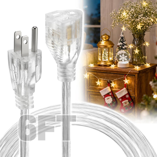 6ft Clear Extension Cord - Male to Female Invisible Indoor Thin 3 Prong Power Cable for Christmas Light Extension Cord, UL-Certified (2 x 18 AWG 250V 6A)