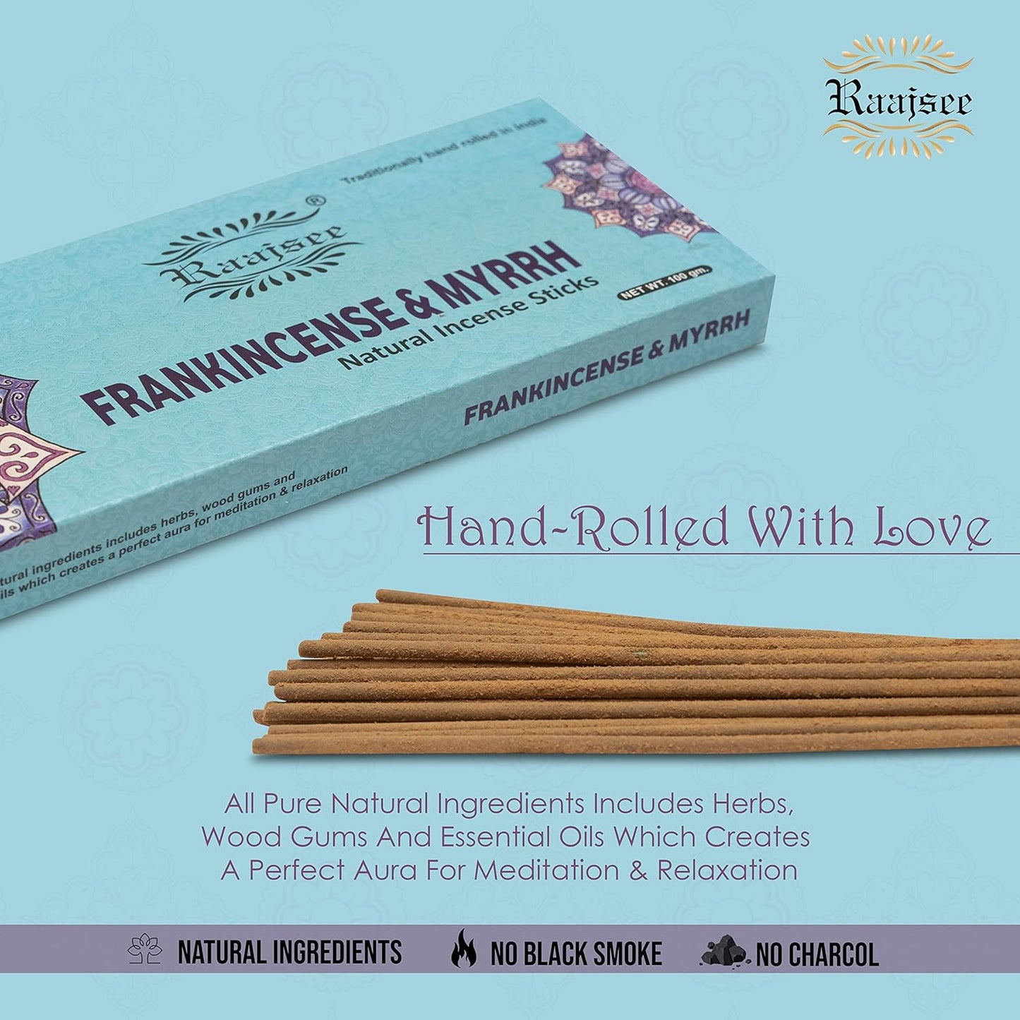 Raajsee Frankincense & Myrrh Incense Sticks, 100%-Natural Charcoal Free Organic Non Toxic Clean Burning Handmade Insence Sticks 100 gm Pack, Meditation Gifts – Spritual Cleansing