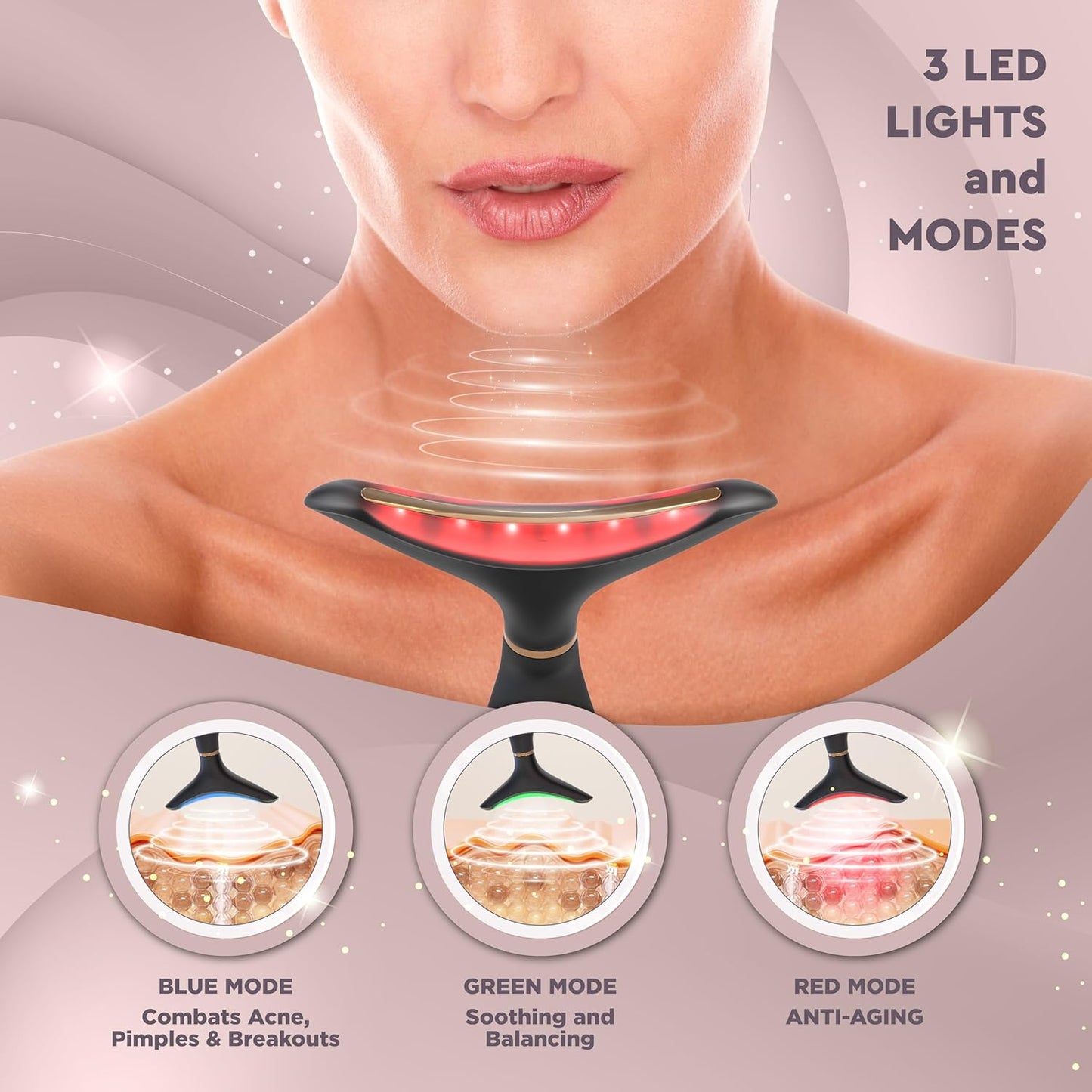 GLO24K Red Light for Face & Neck Beauty Device – Anti-Aging - 3 in 1 Facial Massager Tool and Neck Care Device for Turkey Neck, Anti Wrinkle, Face and Neck Massager for Women