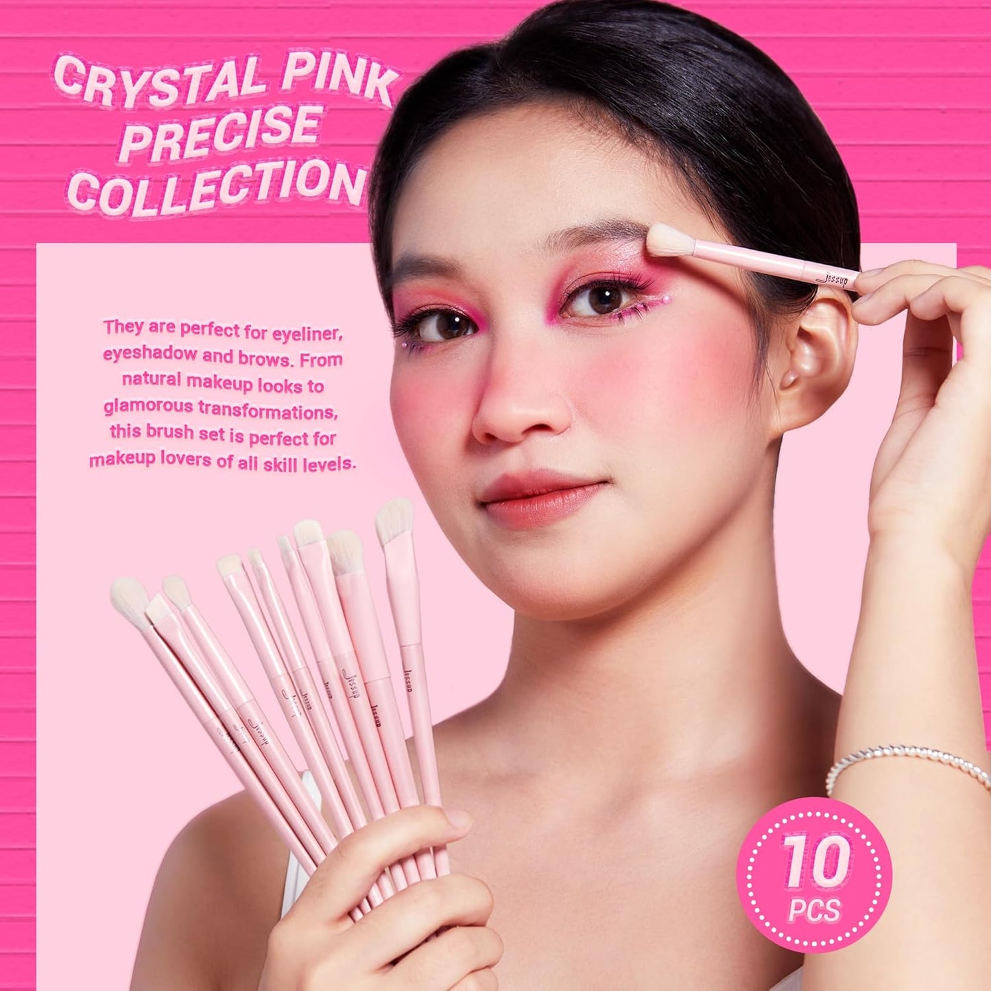 Jessup Eyeshadow Brush Set 10Pcs Pink Eye Makeup Brushes Concealer Brush Premium Synthetic Eye shadow Eyeliner Smudge Crease Blending Brush for Makeup, T496