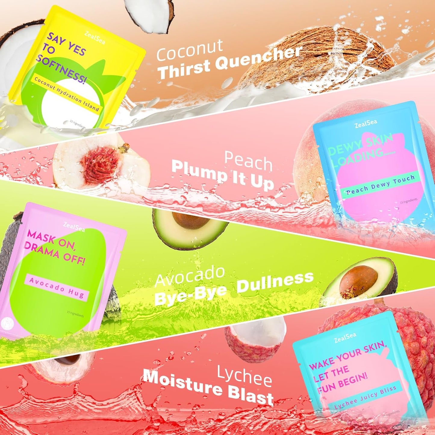 ZealSea Clean Beauty Face Masks Skincare, Minimalism 15 Ingredients Sheet Mask, Deep Hydration Facial Mask for Bouncy & Glowing, Sleepover Spa Party Supplies, Women Teen Girl Gifts Trendy Stuff, 7Pack