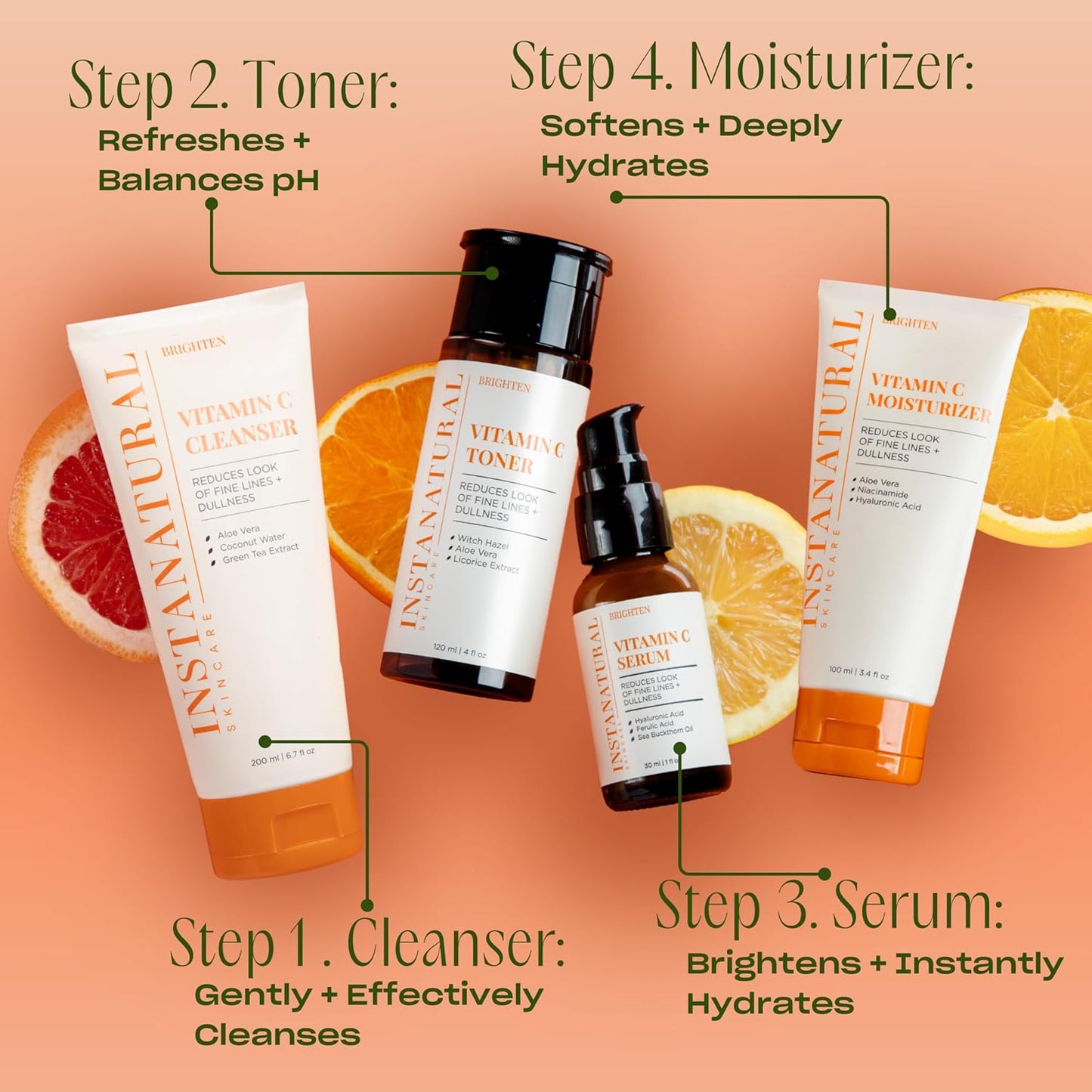 InstaNatural Vitamin C Face Serum, Brightens, Hydrates and Reduces Signs of Aging, with Vitamin C, Hyaluronic and Ferulic Acid, 1 FL Oz