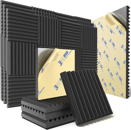 48 Pack Sound Proof Foam Panels for Wall with Self Adhesive, 1" X 12" X 12" High Density Acoustic Panels Sound Absorbing Quick-Recovery, Wedges Soundproof Wall Panels for Gaming & Studio Decor - Black