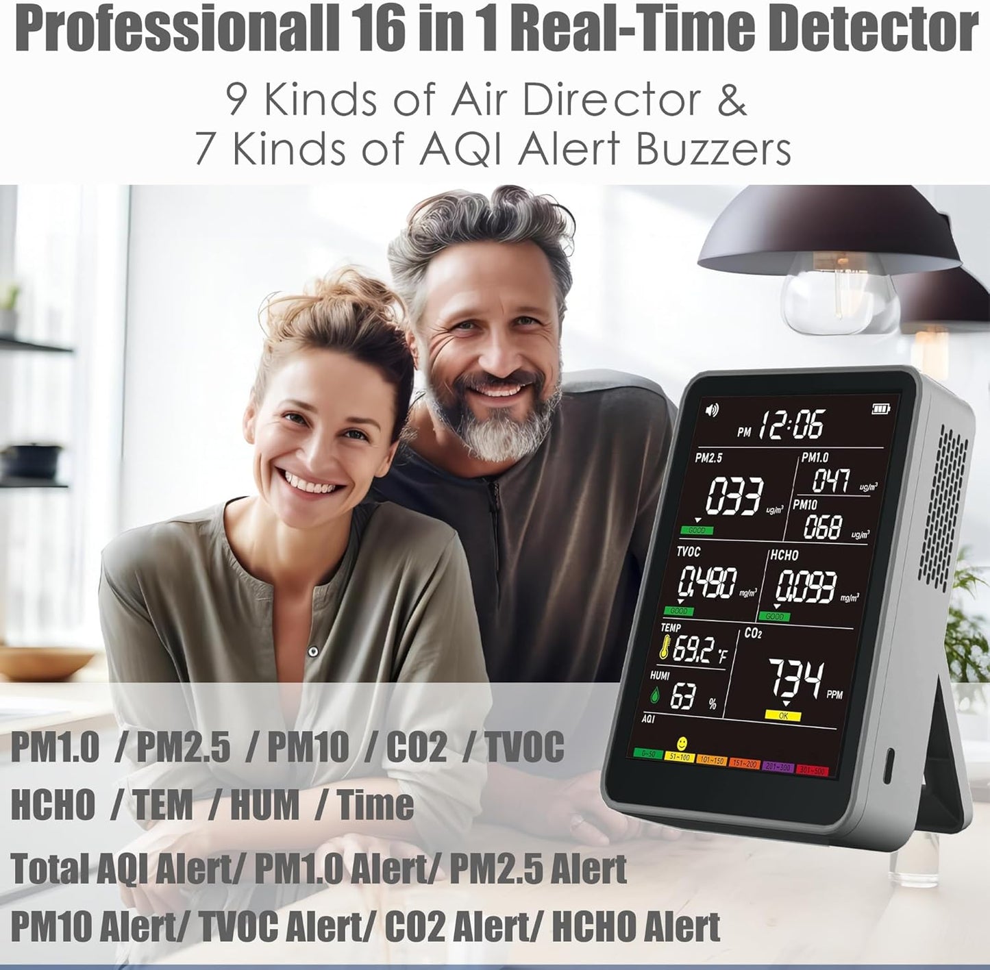 Professional Indoor Air Quality Monitor with AQI Alarms, Portable Real-Time Detector for Home Cars Plants and Pets (Cold Grey)