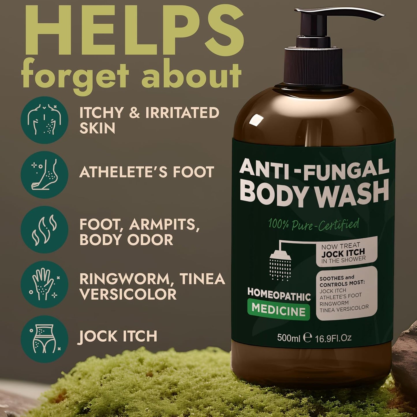 Terramed Just Think Comfort Antifungal & Antibacterial Soap & Body Wash with Tea Tree Oil | Treats Ringworm, Back Acne, Eczema & Jock Itch | Antibacterial Body Soap For Men And Women (16.9 oz)