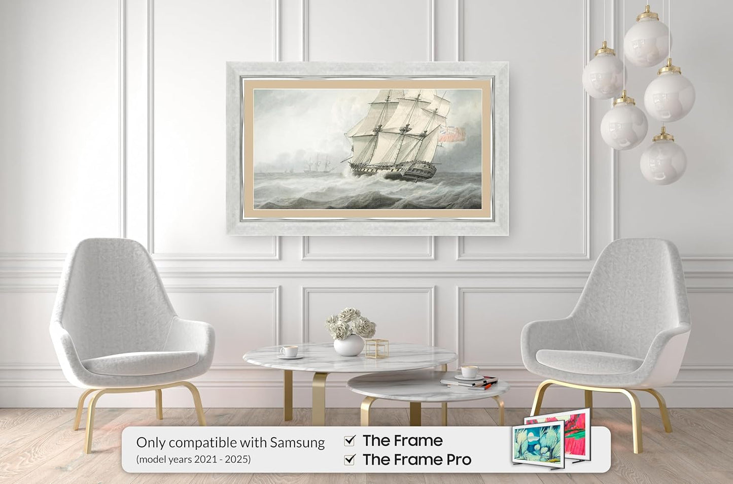 Contemporary Silver 75" Premiere Deco TV Frame - Compatible ONLY with Samsung The Frame TV and Pro TVs (Fits 2021-2025, LS03A, LS03B,LS03C,LS03D,LS03FA,LS03FW)