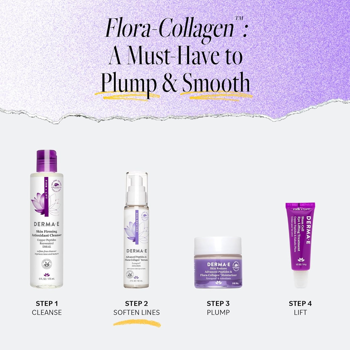 DERMA E Advanced Peptides and Vegan Flora-Collagen Serum – Double Action Collagen Face Cream with Peptide Complex – Intensely Hydrating Serum for Lines, Wrinkles and Redness, 2 oz
