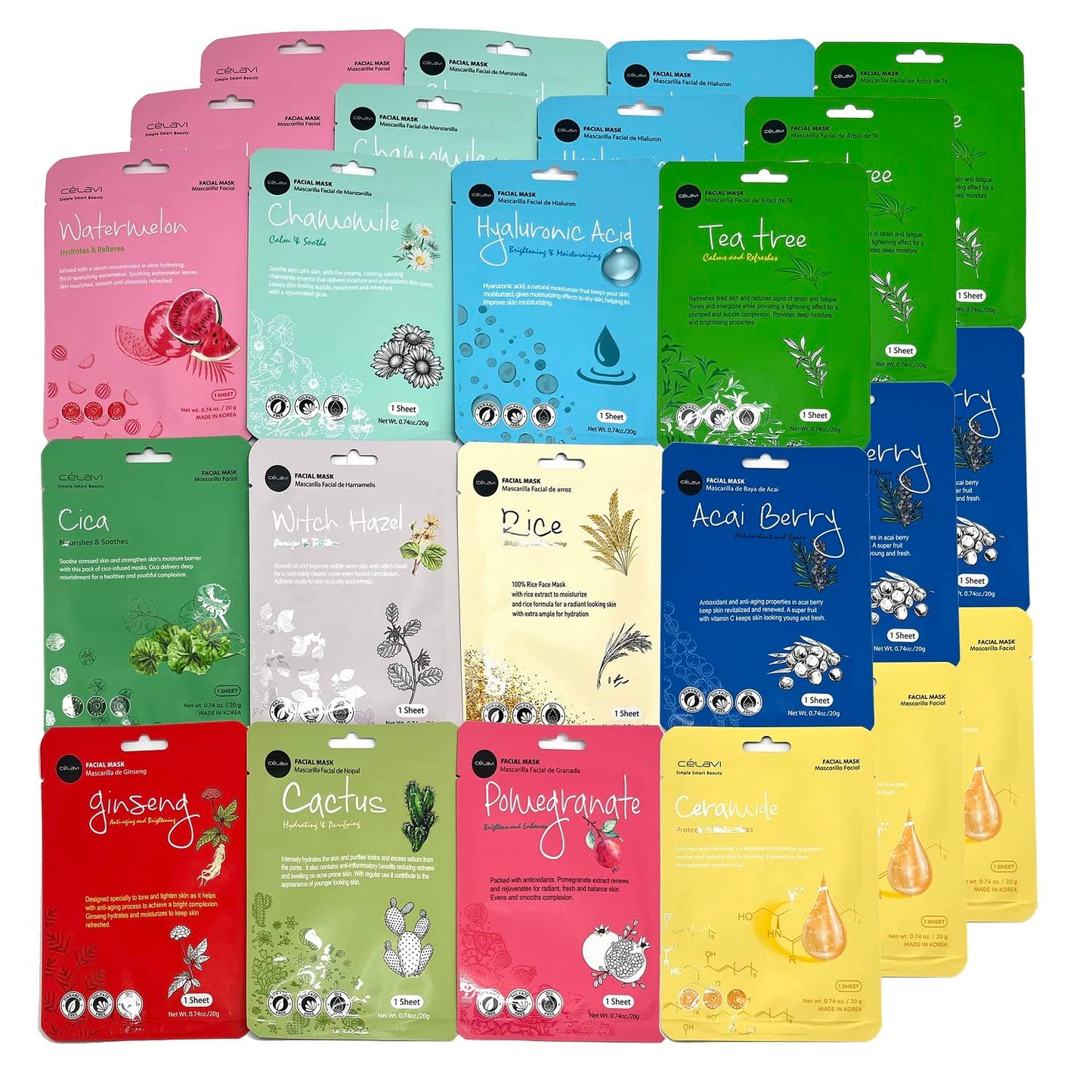 Celavi K-Beauty Skincare Essence Facial Face Mask Korea Skin Care Moisturizing C Set 36 Pack