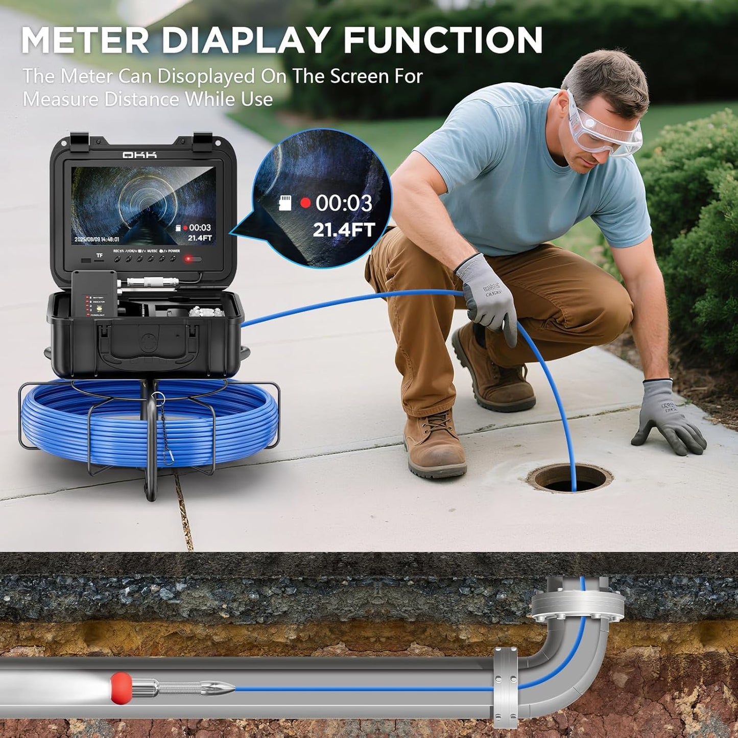 Sewer Camera, Self-Leveling Drain Camera with 7mm Thicker Cable, 200ft/60M Range, 9" 1080P HD Monitor, IP68 Waterproof for Pipe Inspection, DVR Snake Cam with Distance Counter & 32GB Card