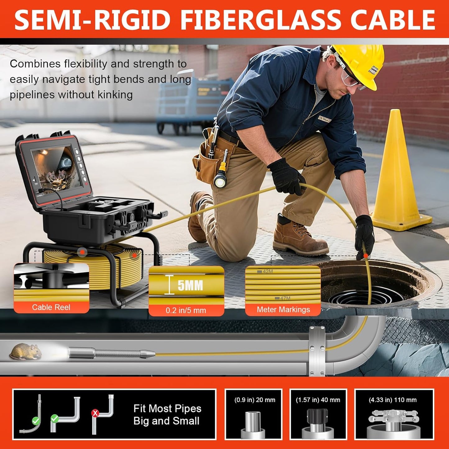 Sewer Camera, Self-Leveling Drain Camera 66 ft with Distance Counter, 9" 1080P HD Plumbing Cameras Snake with 12 LED Lights, IP68 & 32GB DVR, Industrial Endoscope for Duct Sewer Line Pipe Inspection