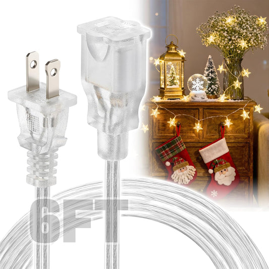 6ft Clear Extension Cord - Male to Female Invisible Indoor Thin 2 Prong Power Cable for Christmas Light Extension Cord, UL-Certified (2 x 18 AWG 250V 6A)