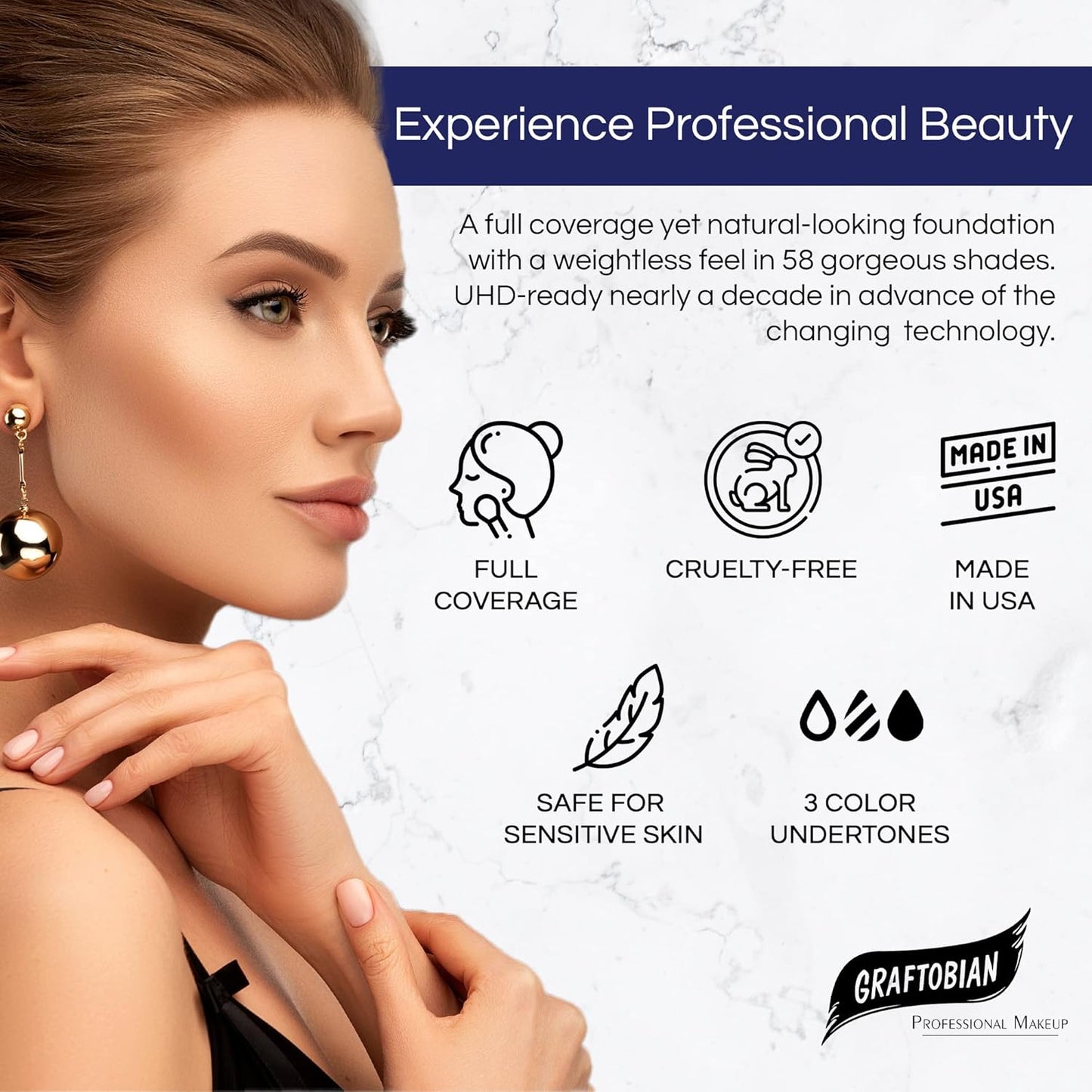 Graftobian HD Glamour Crème Foundation 1/2oz, Weightless Full Coverage Makeup, 65 Inclusive Shades, For All Skin Types, Natural or Full-Glam Looks, For Professionals and Beginners, Screen Goddess