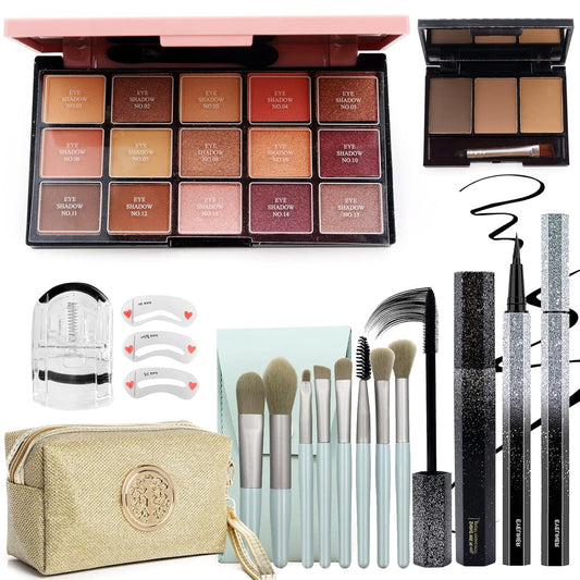 All in One Makeup Kit for Women,15 Color Eye Shadow Makeup Plattete,Waterproof Eyeliner Mascara,3 Color Eyebrow Powder,Eyebrow Stencils,Eyelash Curler,8 Makeup Brushes,Gold/Black Sequin Cosmetic Bag