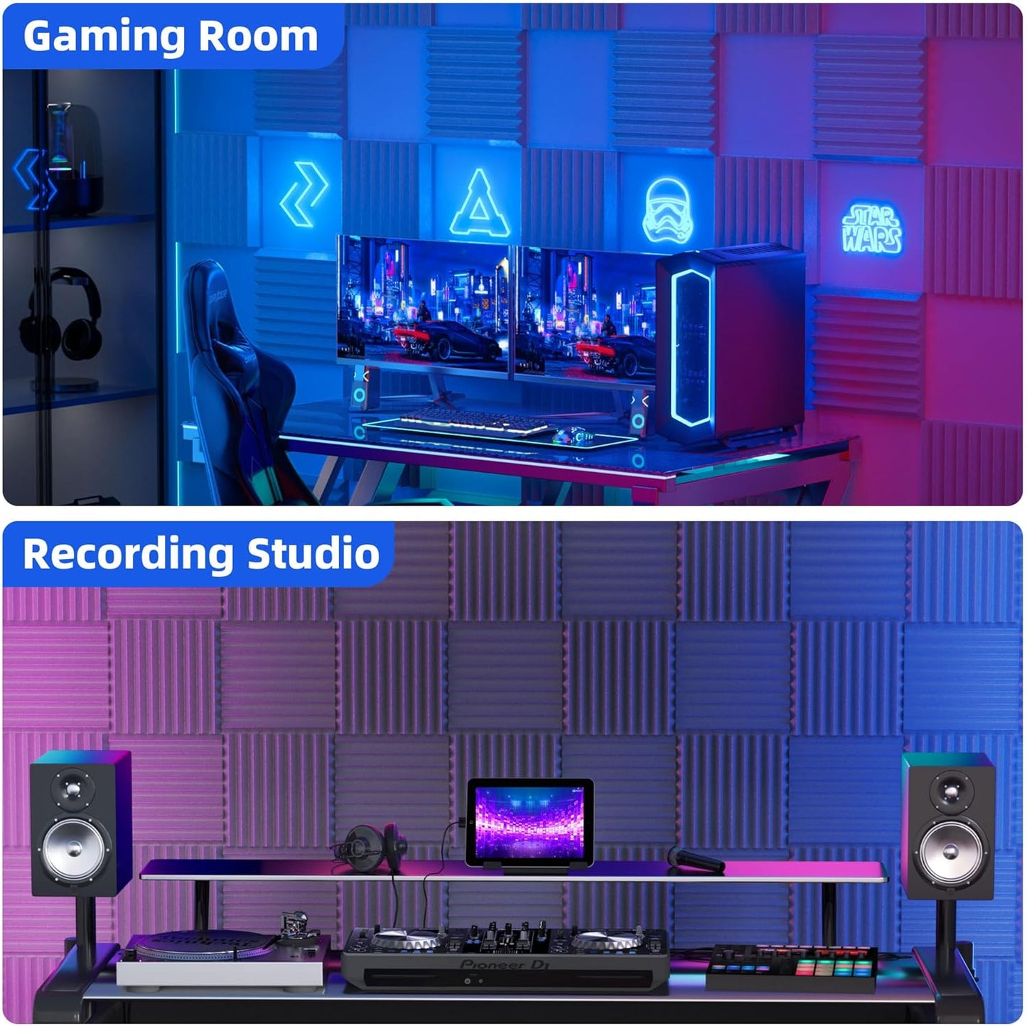 48 Pack Sound Proof Foam Panels for Wall with Self Adhesive, 1" X 12" X 12" High Density Acoustic Panels Sound Absorbing Quick-Recovery, Wedges Soundproof Wall Panels for Gaming & Studio Decor - Gray