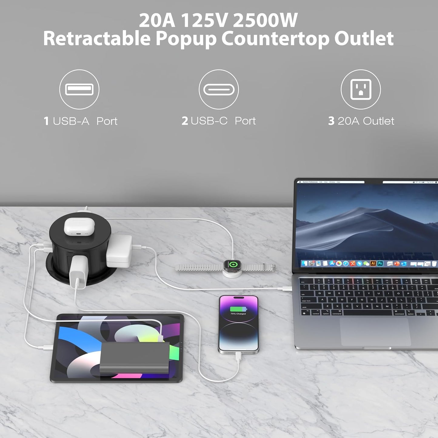 ANNQUAN 20 Amp Pop Up Countertop Outlet with 15W Wireless Charger,Max 65W Power Delivery,4.75" Pop Up Electrical Outlet with 3 Outlets 3 USB Ports for Home Office