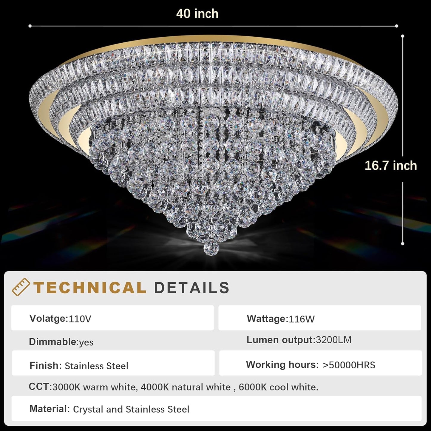 40" LED Crystal Raindrop Ceiling Light,Rose Gold, Large Elegant Semi Flush Mount Chandelier Light Fixture with Remote Control for Living Room Kitchen Bedroom Hallway Entryway Foyer(Dimmable)