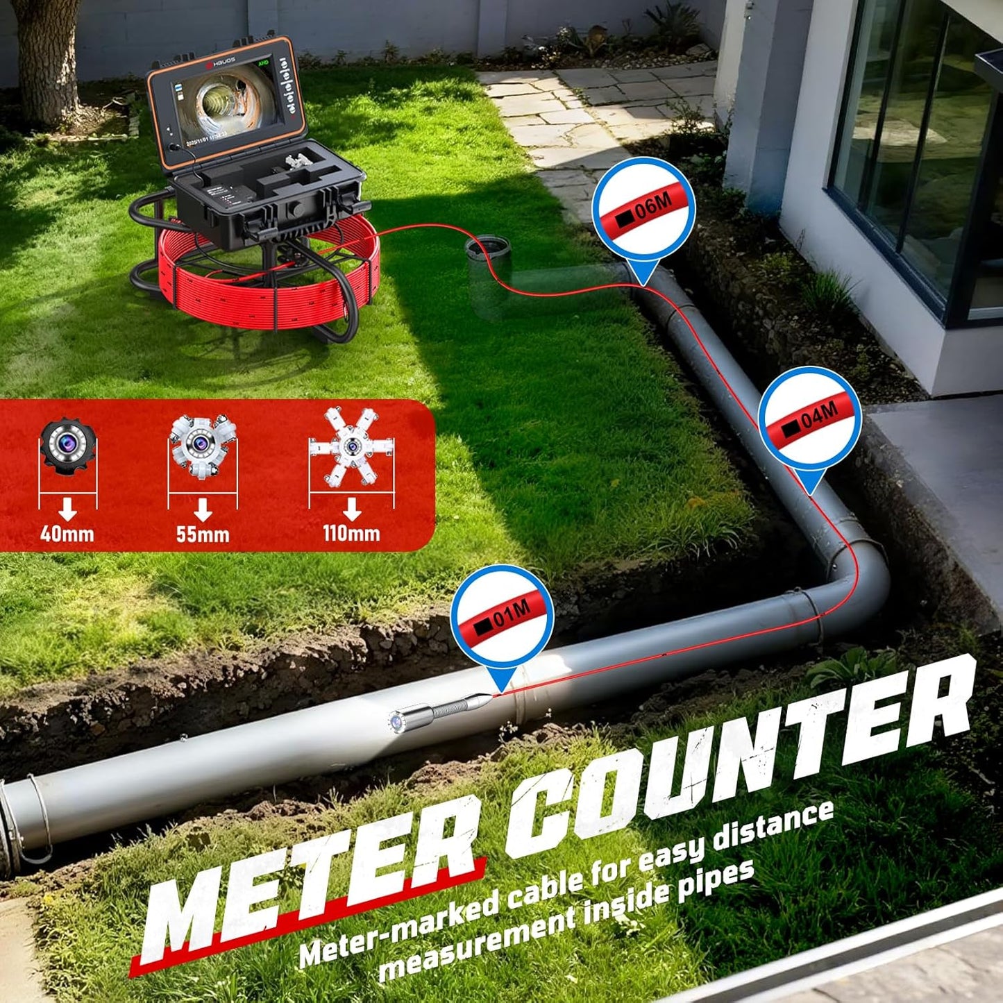 Sewer Camera 100ft, Self Leveling Drain Camera with Meter Counter, 7mm Thick Cable, 9" HD Screen 1080P Plumbing Cameras Snake with Light, 5100mAh Battery Duct Pipe Video Inspection Cam DVR 32GB