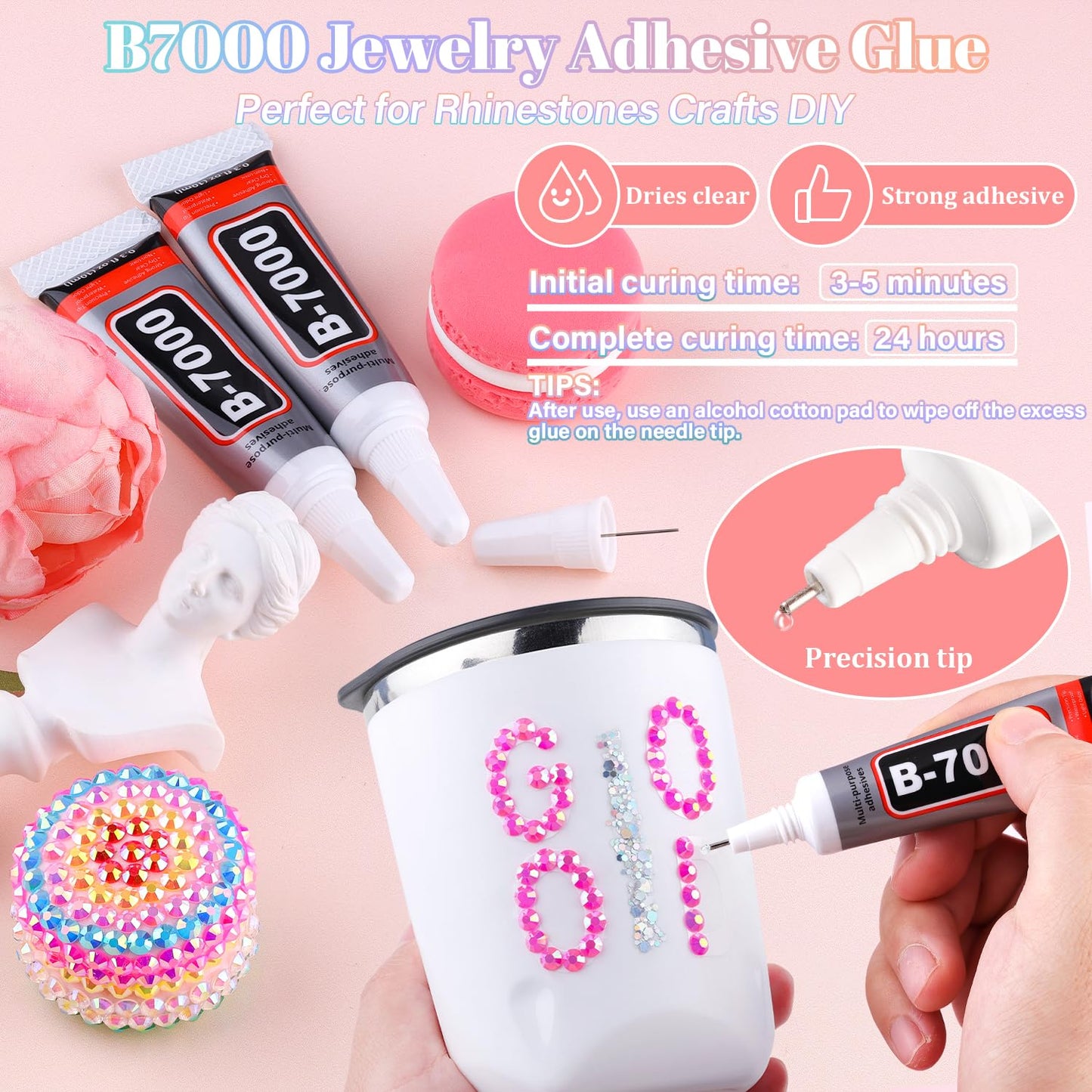 25000Pcs Resin Rhinestones with B7000 Jewelry Glue for Crafting, Hot Pink AB 2-6mm Non Hotfix Flatback Gems, Bedazzling Crystal for DIY Crafts Clothing Tumblers Mugs Shoes Fabric Decor Nail Art