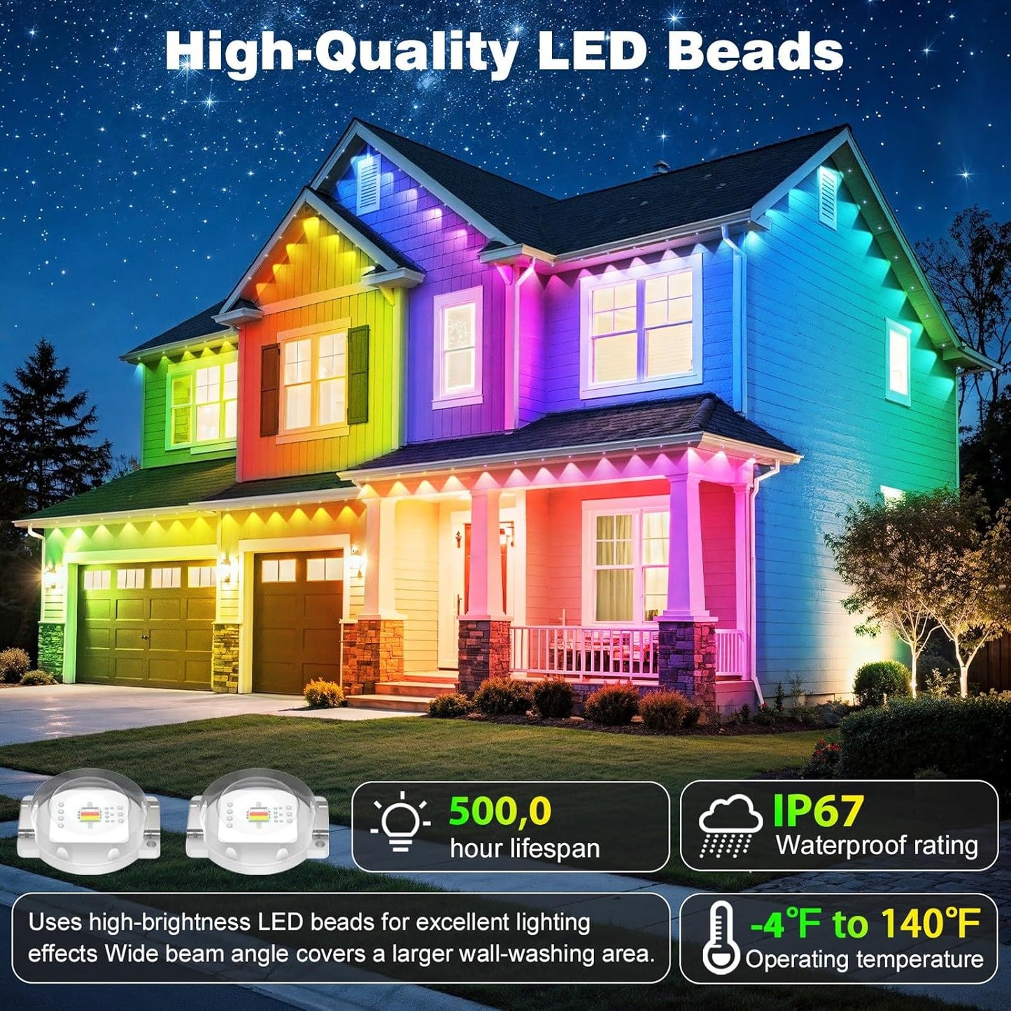 LITSOUL 400FT Permanent Outdoor Lights for House Waterproof, Smart RGB Eave LED Lighting with 16 Million Colors, IP67 Outdoor Strip Lights for Christmas Halloween Holiday Daily Decorations (400FT)