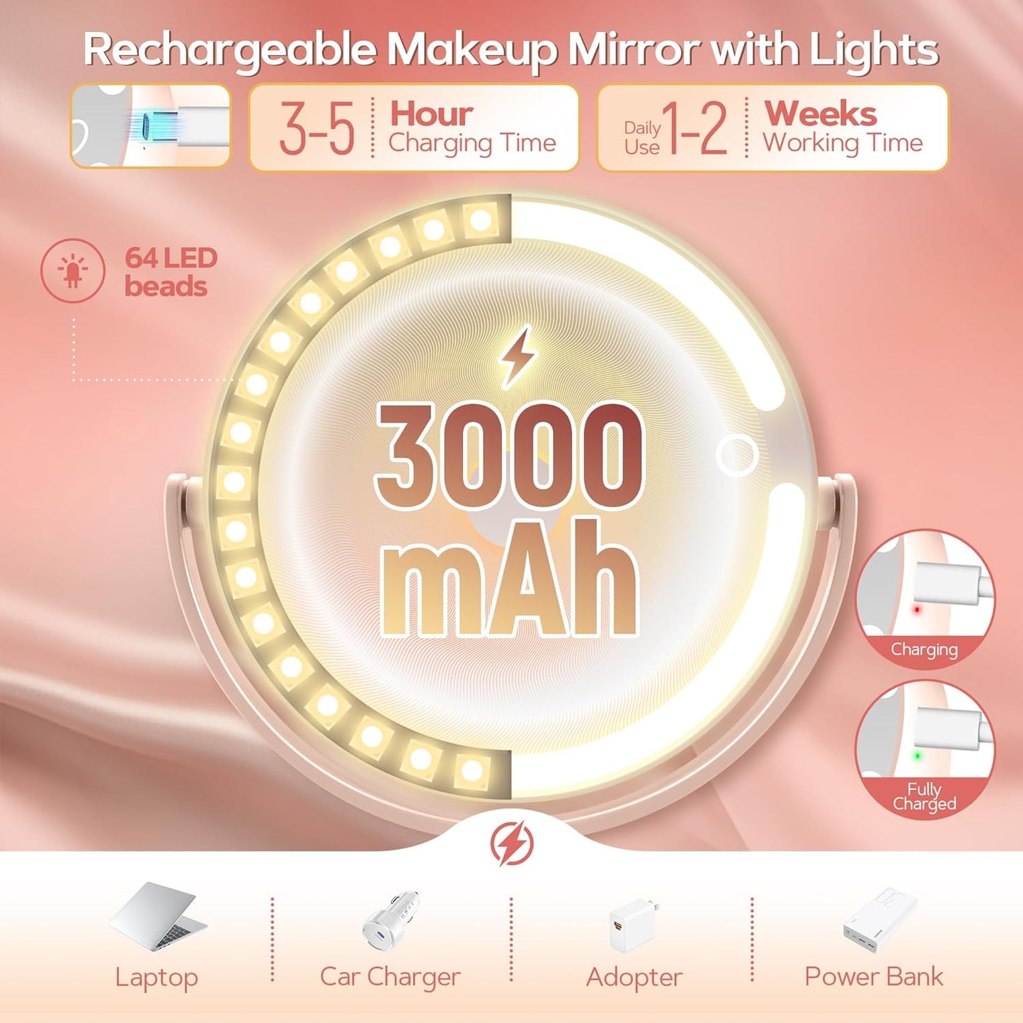 B Beauty Planet Makeup Mirror with Lights, Lighted Magnifying Mirror 30X with 3 Lighting and Adjustable Brightness, 2-Sided Height Adjustable Vanity Mirror for Bathroom, Gifts for Women Pink