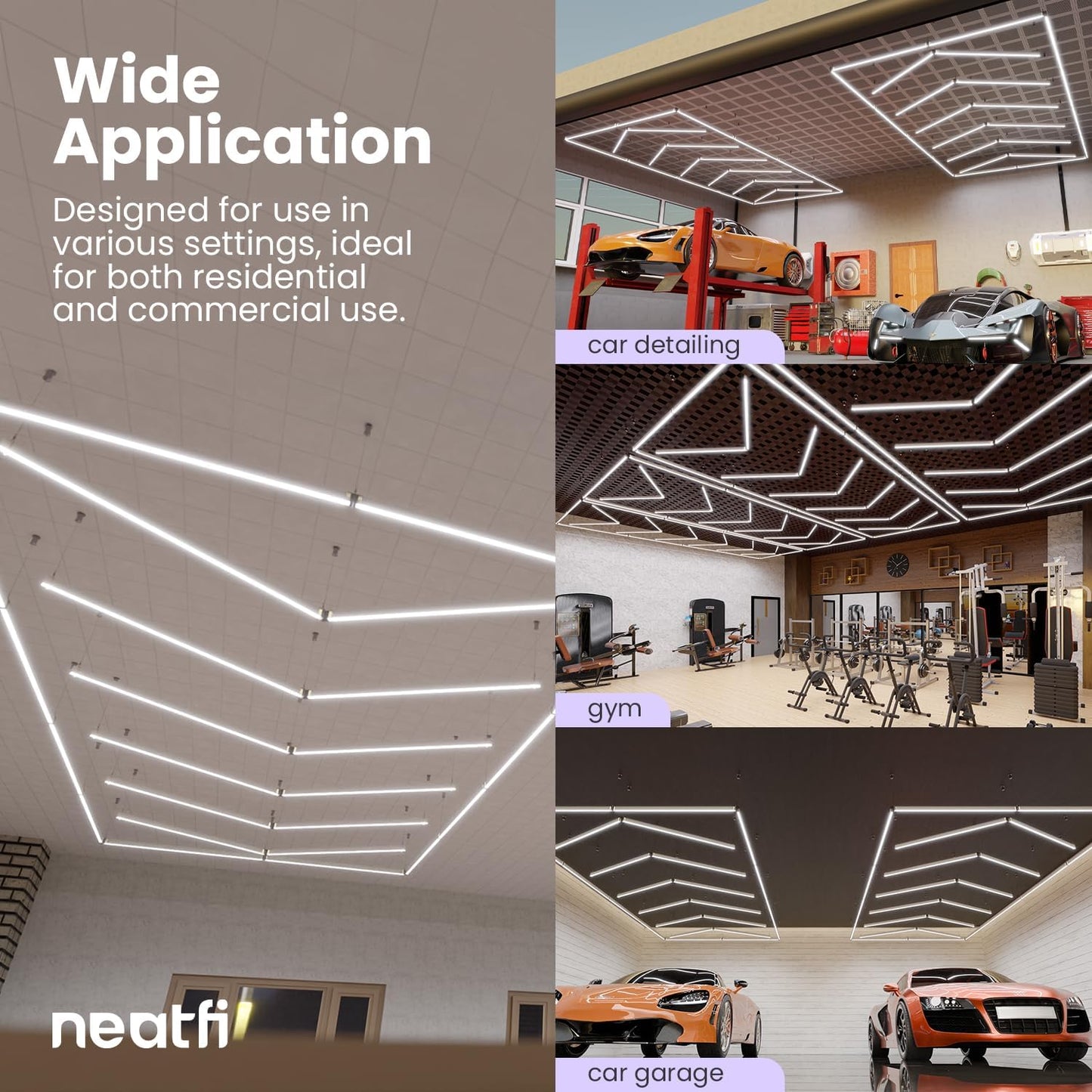 Neatfi 384W LED Garage Light, 42,240 Lumens, 6500K, IP54 Waterproof Ceiling Light for Shops, Car Detailing, Workshops, Gyms, Warehouses, Barber & Beauty Salons (Cool White, 6 Arrows with Hanging Kit)