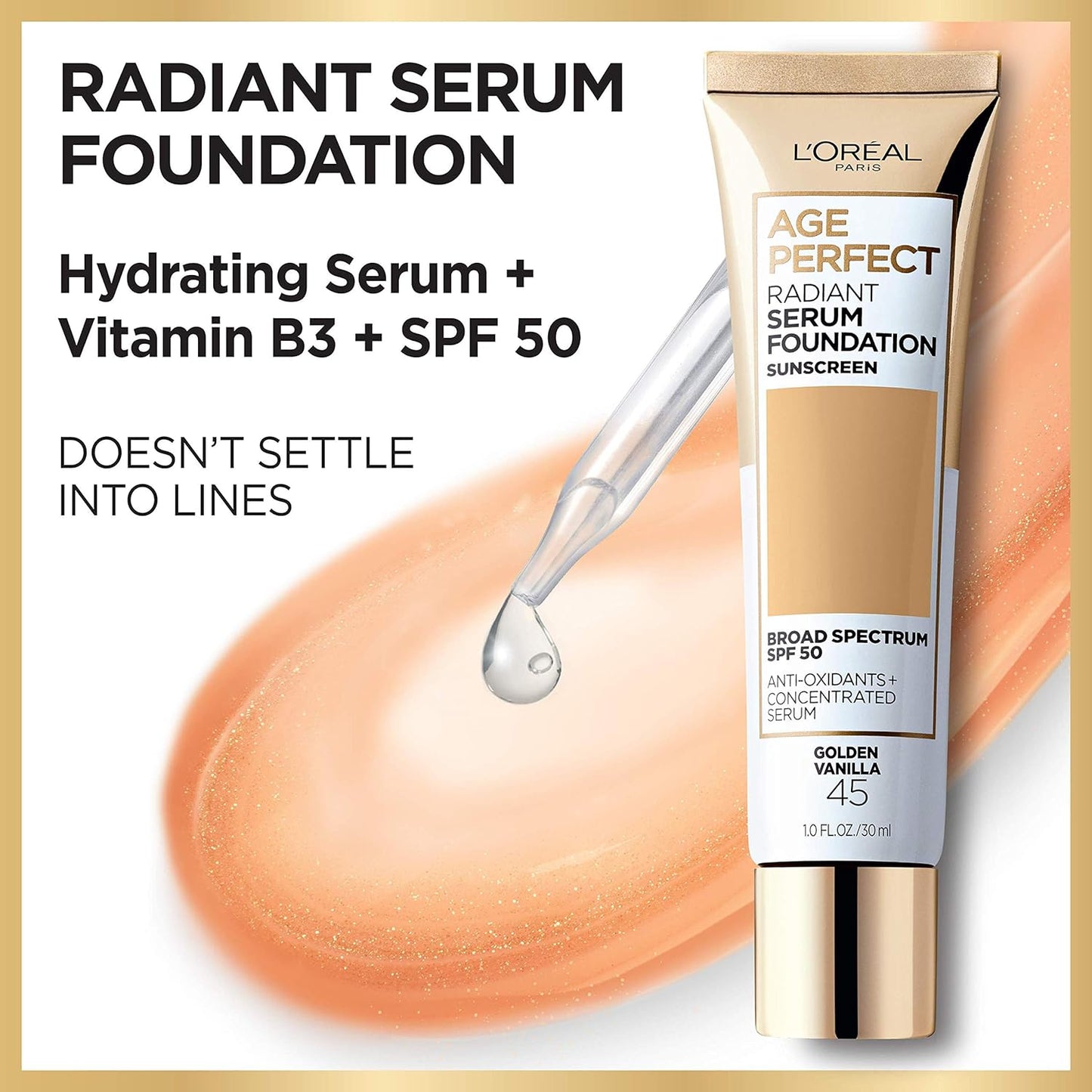 L'Oreal Paris Age Perfect Radiant Serum Foundation with SPF 50, Warm Beige, 1 Ounce